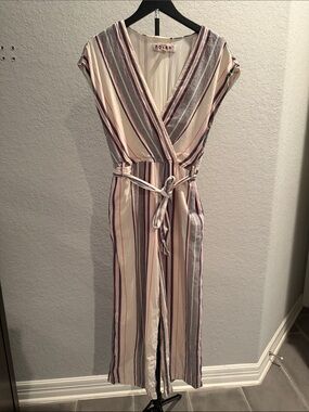 Anthropologie Cream Striped Wrap Jumpsuit with Blue & Gray Accents